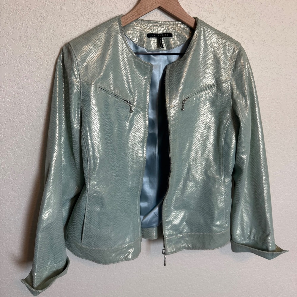 Mermaidcore Metallic Y2K In Suede Scales Leather Jacket Size Medium Blue